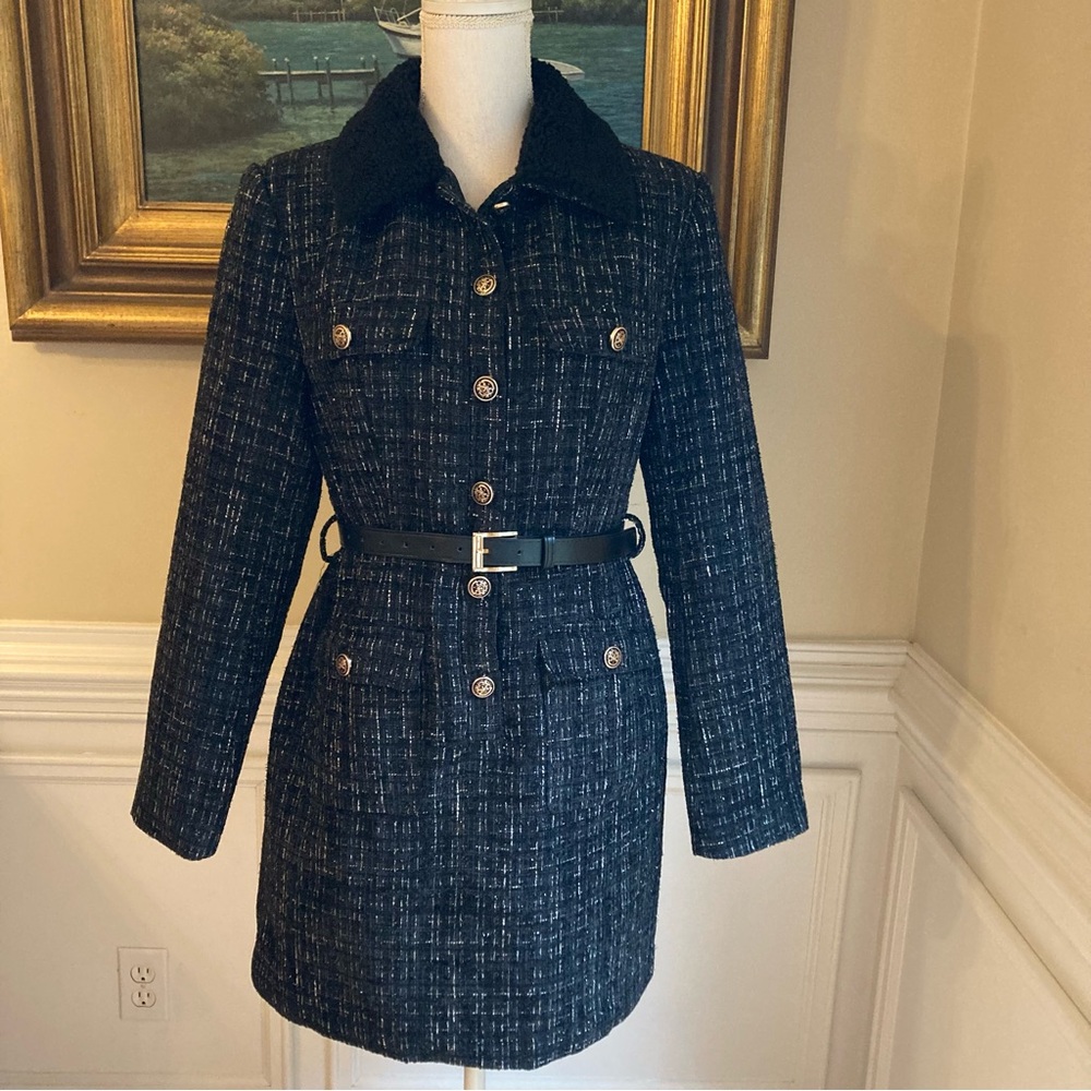 COMMENSE Black Fur Collar Tweed Blazer Belted Dress NWT - Picture 2 of 14